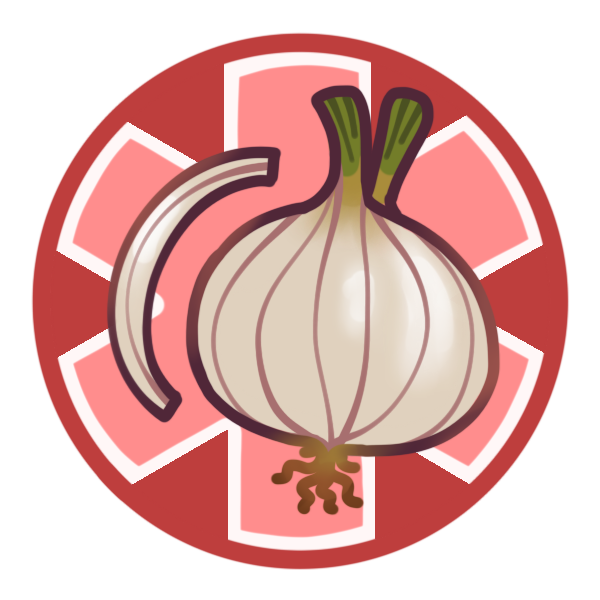 A red circle with a medical asterisk. Overlaid on it is a picture of a white onion and an onion slice.